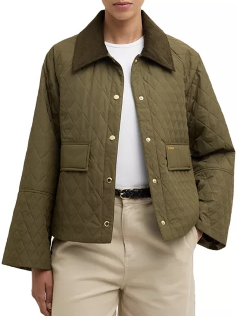 Barbour Kirby Diamond Quilted Jacket Olive Green Corduroy Collar